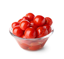 Glass bowl with canned tomatoes on white background