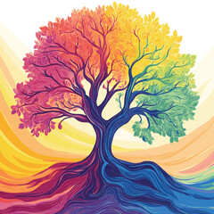 vibrant and colorful old tree. rainbow background. vector illustration hand drawing, vector style simple color