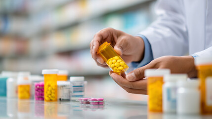 Pharmacist's hands counting pills into a prescription bottle, with blurred shelves of medications in the background