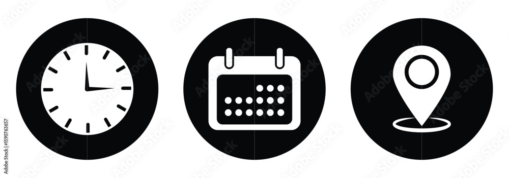 Poster time, date and address icon isolated set. event elements. clock, calendar and map icon vector illust
