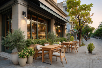 modern stylish caf on bustling street showcasing its inviting outdoor terrace adorned with lush green plants