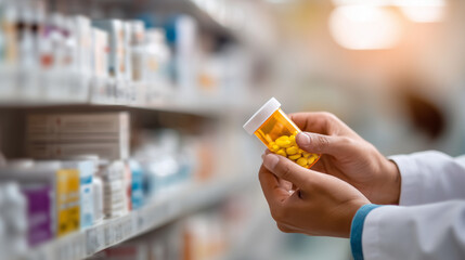 Pharmacist's hands counting pills into a prescription bottle, with blurred shelves of medications in the background