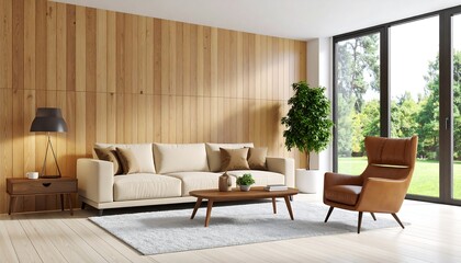 Modern living room with wooden paneling