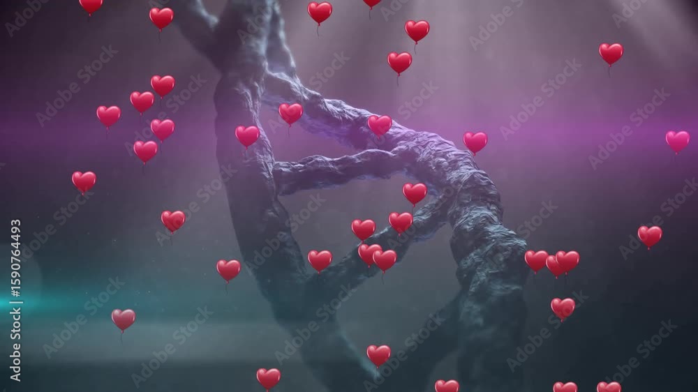 Aufkleber red hearts emerging below and rising around rotating helix to depict energy flow in 3d render