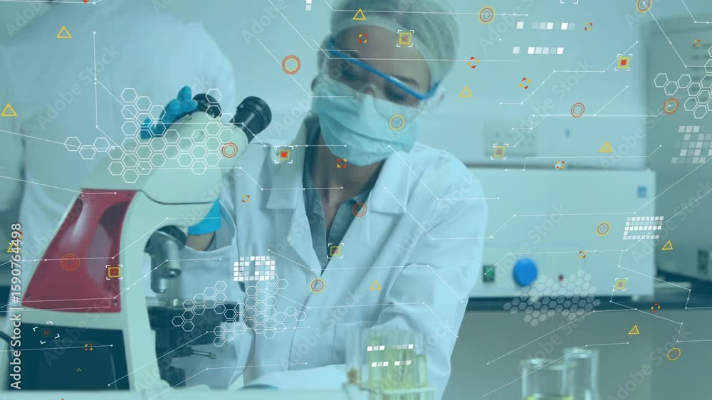 Poster female scientist picking up tube and extracting sample under lab microscope, with data overlay