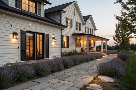 Modern white farmhouse with black windows at sunset. Cozy porch, blooming garden, rustic lanterns, cinematic lighting. Perfect for real estate, architecture, and residential lifestyle themes.