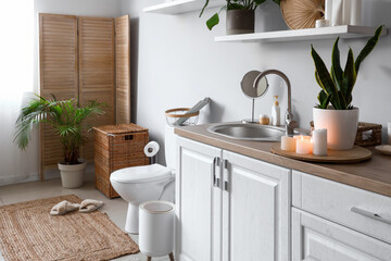 Interior of light restroom with ceramic toilet bowl, sink and vanity cabinets