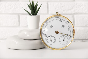 Aneroid barometer and small houseplant on table in room, closeup