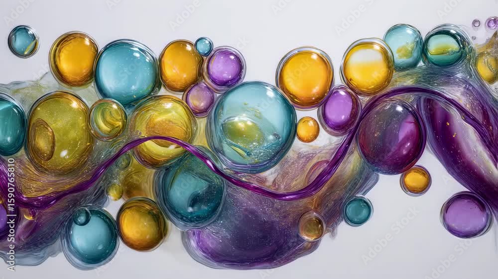 Poster an artistic composition featuring a dynamic swirl of liquid soap bubbles in various sizes captured m