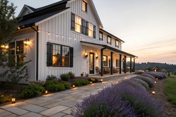 Modern white farmhouse with black windows at sunset. Cozy porch, blooming garden, rustic lanterns, cinematic lighting. Perfect for real estate, architecture, and residential lifestyle themes.

