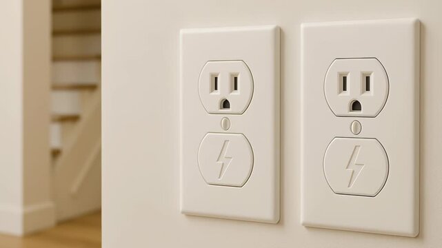Smart home energy storage. Pair of light colored wall mounted electrical outlets with safety covers beige wall near wooden stairs modern home power socket