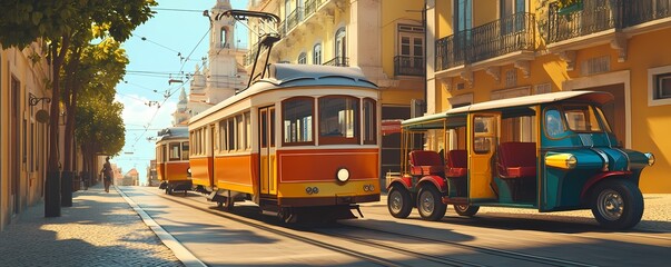 Fototapeta premium A sunny city street scene with vintage trams.