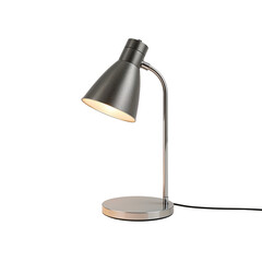 Illuminated metallic desk lamp casting soft light on a seamless transparent setting