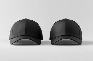Black baseball cap mockup, front and back view isolated on a white background with a clipping path. Mock-up template for design presentation. 3D rendering, copy space, high quality. 