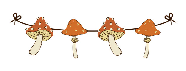 Autumn garland, vector icon. Fly agarics and toadstools hang on a string. Forest poisonous mushrooms, red cap with white polka dots. Fungi for fall party, Amanita Muscaria. Cartoon holiday decoration