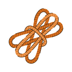 Coiled rope with knot, vector icon. Equipment for camping, climbing, boating. Twisted string made of strong fiber. Hand drawn illustration, cartoon doodle isolated on white. Thread with loops