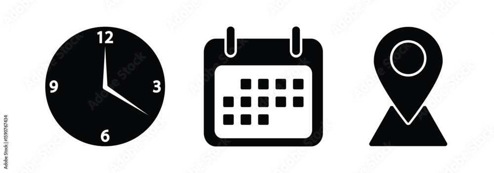Poster time, date and address icon isolated set. event elements. clock, calendar and map icon vector illust