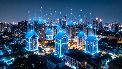City skyline at night, illuminated buildings with digital house outlines