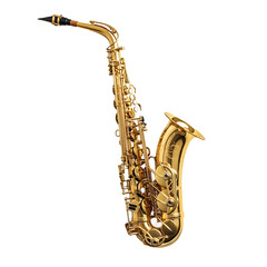 Obraz premium A gleaming golden saxophone with intricate keys and a black mouthpiece isolated on transparent background