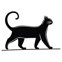 Obraz premium Elegant silhouette of a black cat walking gracefully with a curled tail presented in a clean vector graphic style on a white background