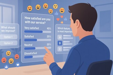 Man Using Customer Feedback Dashboard with Satisfaction Scores, Emoji Reactions and Feature Poll Voting Interface
