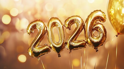 Golden 2026 Helium Balloons with Bokeh Background for New Year Celebrations