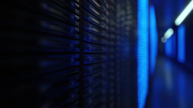 Server racks with blue lights recede into distance