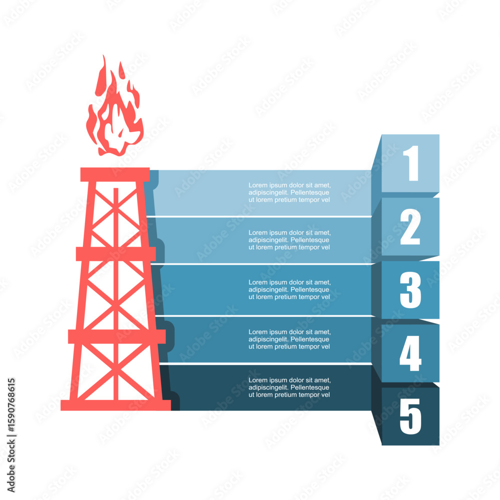 Poster gas tower icon with five features or option of project to select. minimal infographic illustration f