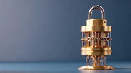 metallic lock with complex internal mechanisms is displayed against a blue background, symbolizing security and encryption.