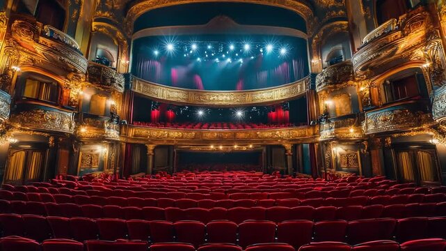 Ornate theater interior with rows of empty red seats awaiting a captivating performance