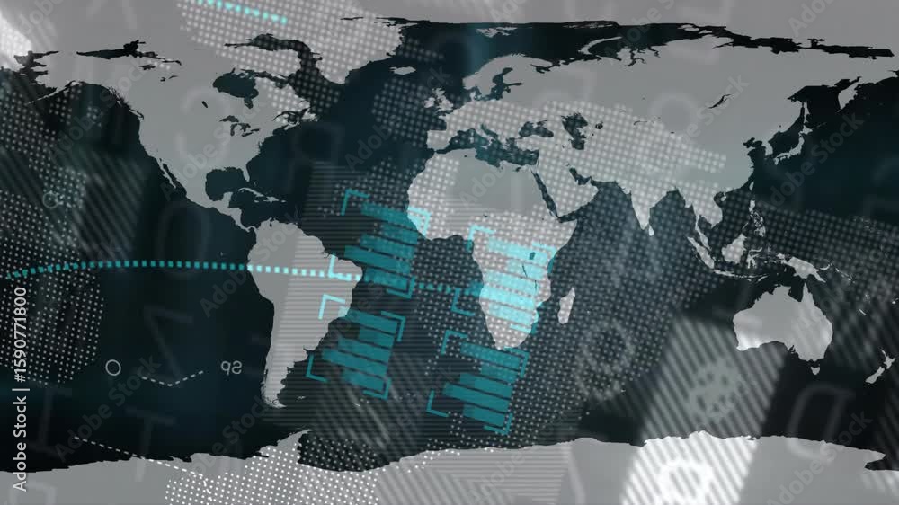 Poster on teal rays sweeping world map unfolding, data sliding, arc tracing and bars pulsing for analytics