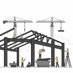 Construction workers assembling a large metal structure with cranes on a city building site, illustrating industrial construction and teamwork.