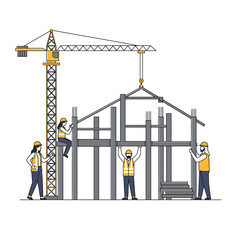 Construction crew builds a new house frame with crane, beams, and workers collaborating on the project, showing teamwork and progress in the building industry.