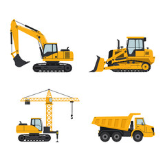 Collection of yellow construction vehicles including excavator, bulldozer, crane and dump truck, isolated on white background, perfect for construction industry or engineering projects.