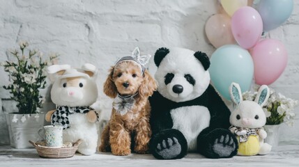 ぬいぐるみたちと記念撮影する犬