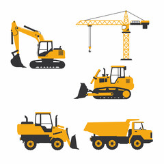 A set of illustrated construction vehicles, including a crane, excavator, bulldozer, dump truck, and loader, rendered in a flat, graphic style against a clean white background.