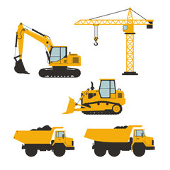 Vector illustration showcasing a collection of construction vehicles, including an excavator, crane, bulldozer, and dump trucks, all rendered in a flat, graphic style against a white background.