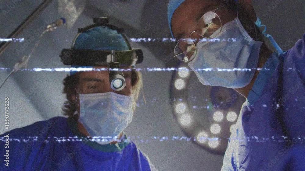 Aufkleber two surgeons adjusting headlamp and glasses for clear view before operating under static light fee