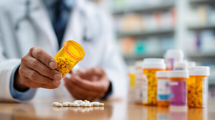 Pharmacist's hands counting pills into a prescription bottle, with blurred shelves of medications in the background