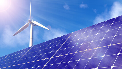 空を背景にした風力タービンと太陽光発電パネルの再生可能エネルギー構成
