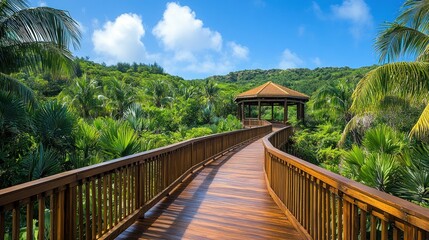 Obraz premium Wooden walkway through lush tropical foliage