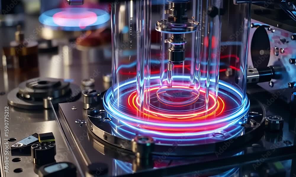 Poster a close-up of an advanced energy device with glowing neon rings, creating circular fields around it 