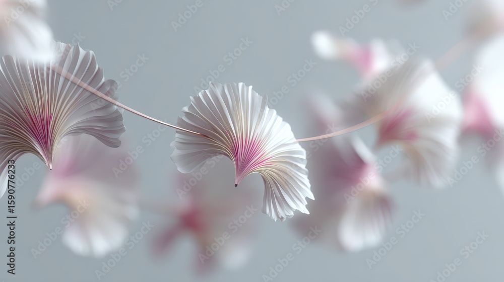 Poster delicate white and pink abstract flowers with fine lines float softly on a muted blue-gray backgroun