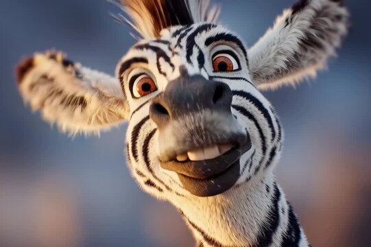A comical zebra talking and laughing, open mouth with huge goofy eyes, a comical caricature, closeup, looking into the lens.