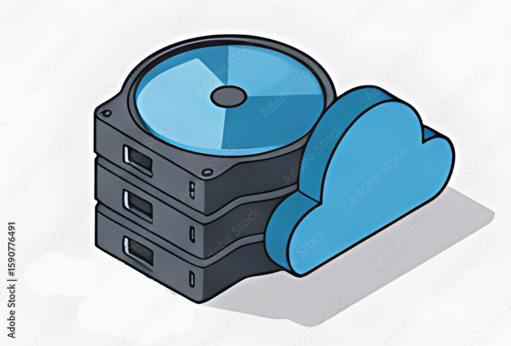 Poster illustration of stacked hard drives with a cloud, representing data storage and cloud computing.