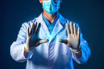 Doctor in protective gear interacts with a futuristic holographic medical interface