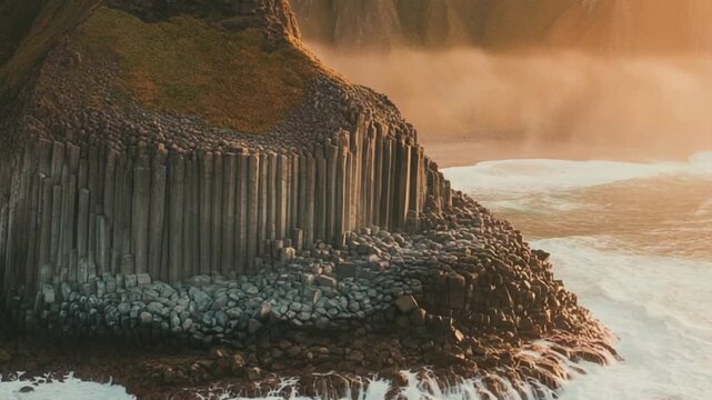 Epic Volcanic Coastline with Basalt Cliffs and Crashing Ocean Waves at Golden Hour

