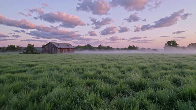 Tranquil sunset over misty barn and field with rolling clouds