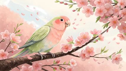 A pastel parrot perched on a flowering branch with pink blossoms in a watercolor style painting