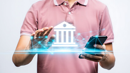 Man holding smartphone with glowing bank icon and network connections